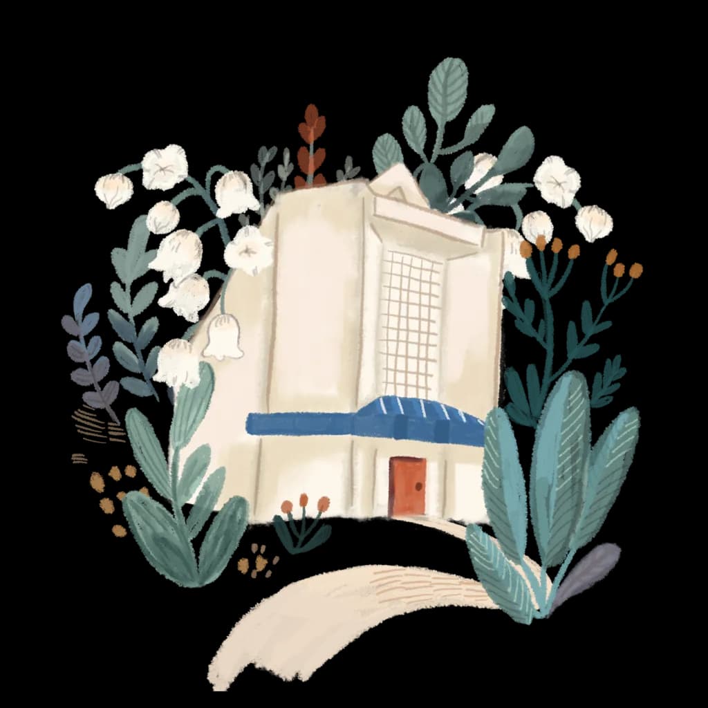 Illustration of the True Jesus Church Telok Kurau building framed by foliage